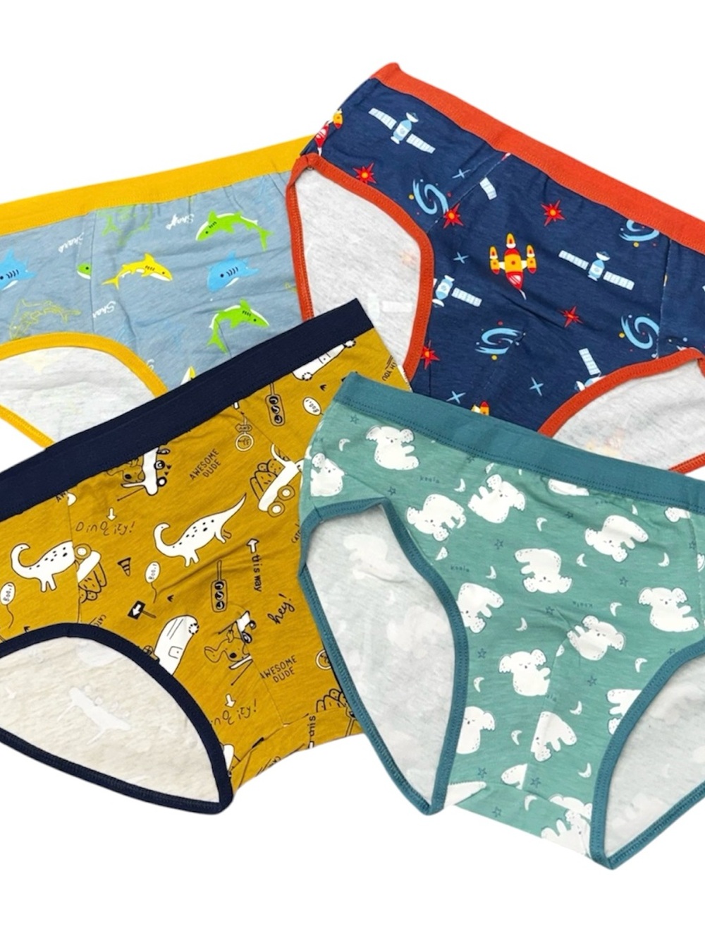Kids Printed Briefs - 4-Pack (Green, Blue, Mustard, Navy)